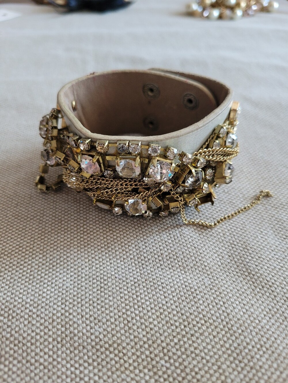 Embellished Beige Leather Cuff Bracelet with Crystal Accents